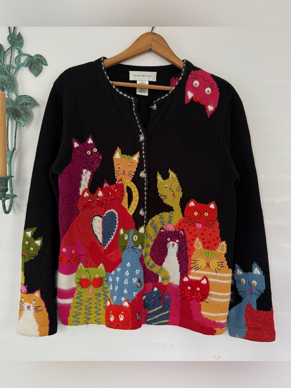 Vintage Susan Bristol Cat Cardigan Sweater M Colorful Hand Embroidered Angora